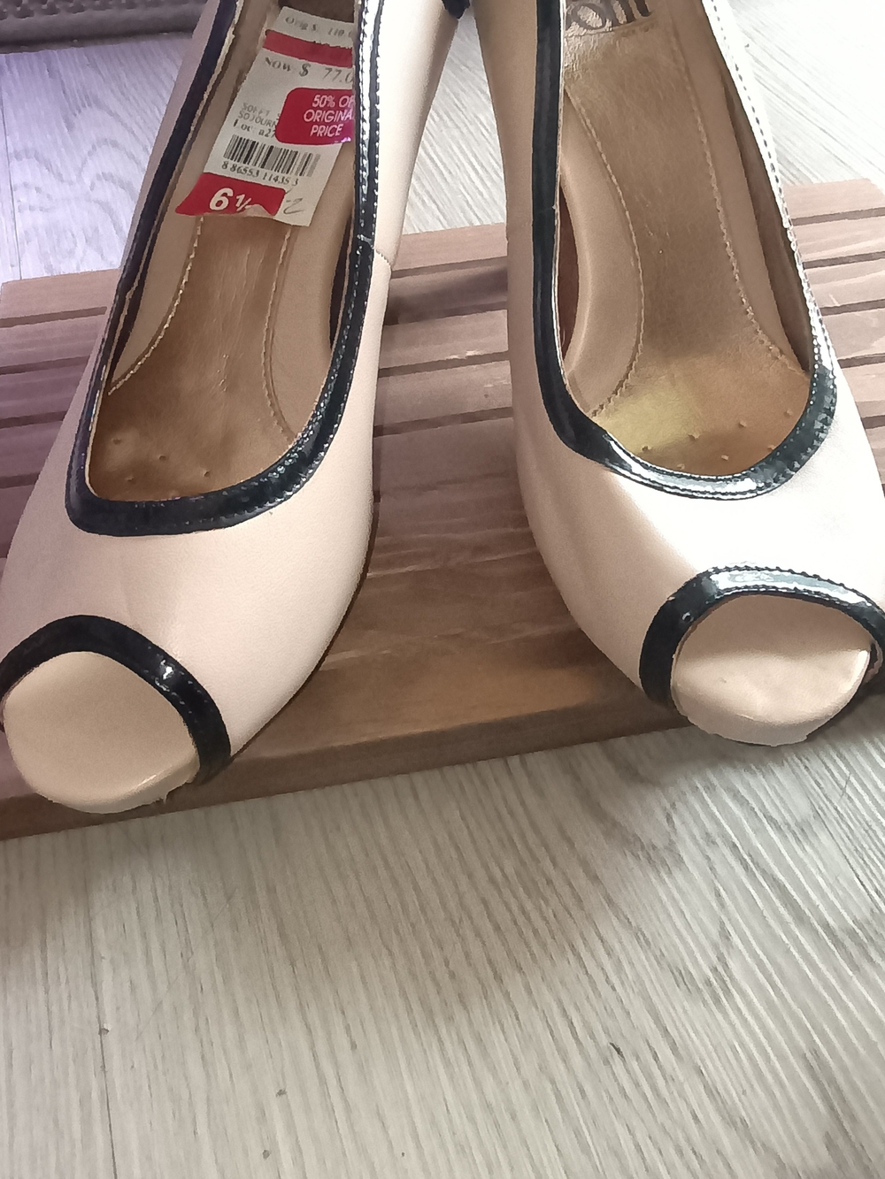Peep Toe Women's Pumps in Light Pink with Black Trim